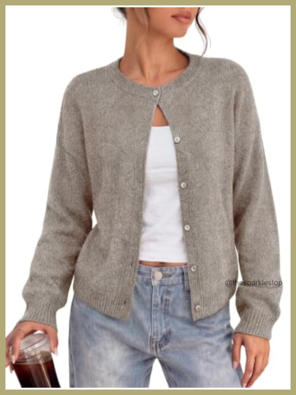 Womens Crew Neck Button Down Cardigan Sweater Oversized Relaxed Fit